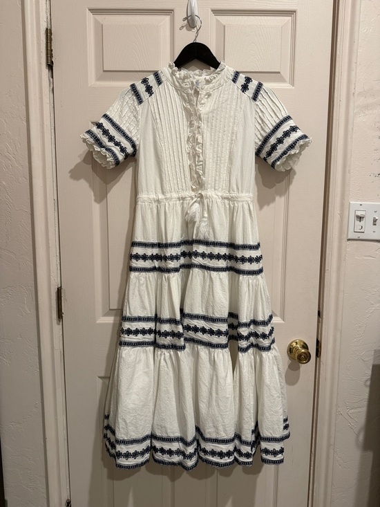 Ivy City Co Dresses & Skirts - Ivy City Co. Santorini White Tiered 100% Cotton Dress with Navy Embroidered Trim